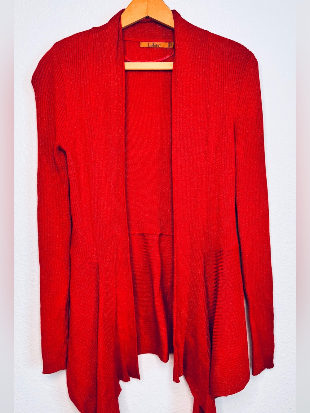 Belldini sz L Red Sparkle Metallic Open Cardigan Ribbed Sweater